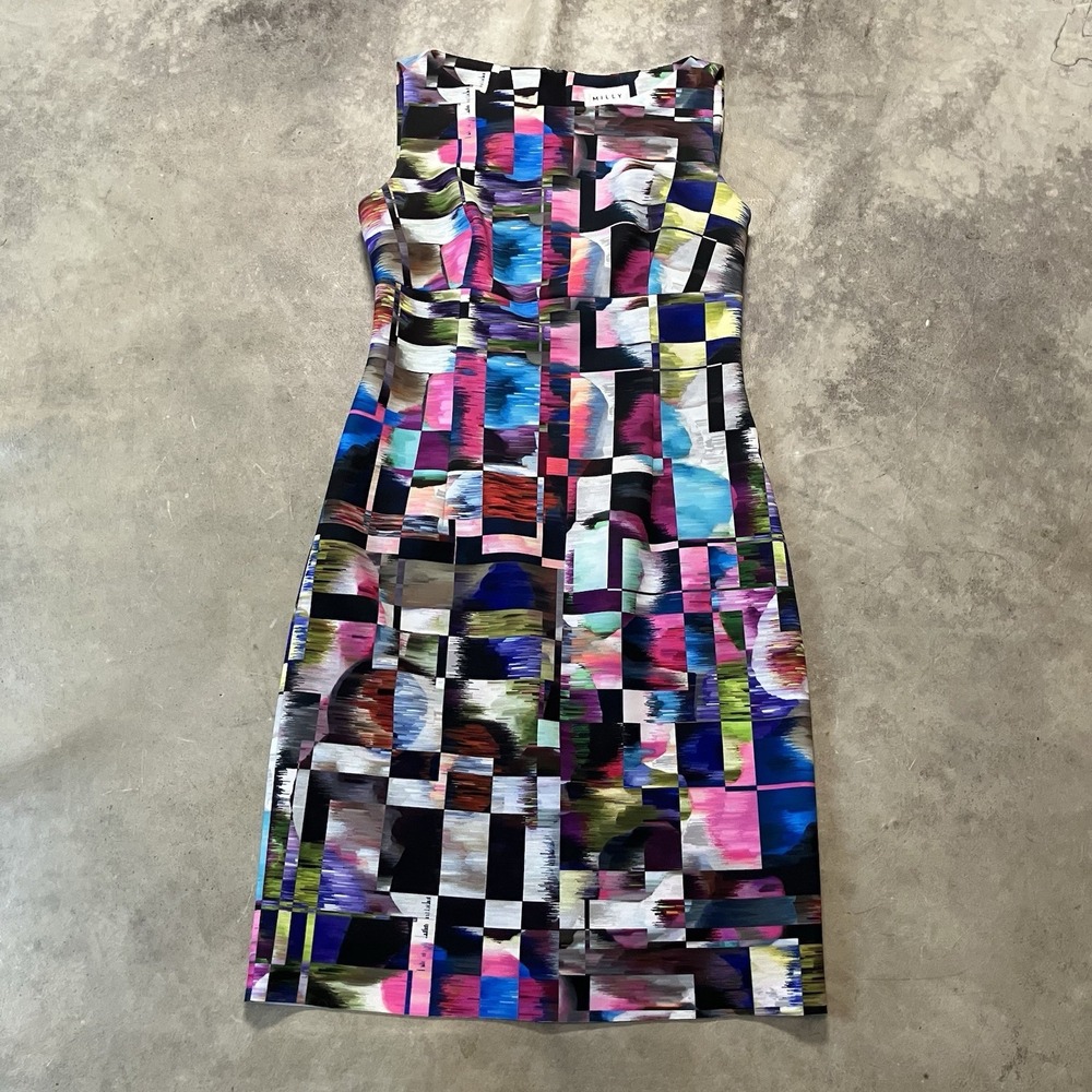 Milly Dress Womens Size 4 Cubist Print Cut Out Multicolor Sheath Office
